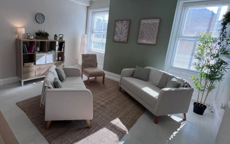 Consulting room in Newcastle upon Tyne, with soft seating and natural light