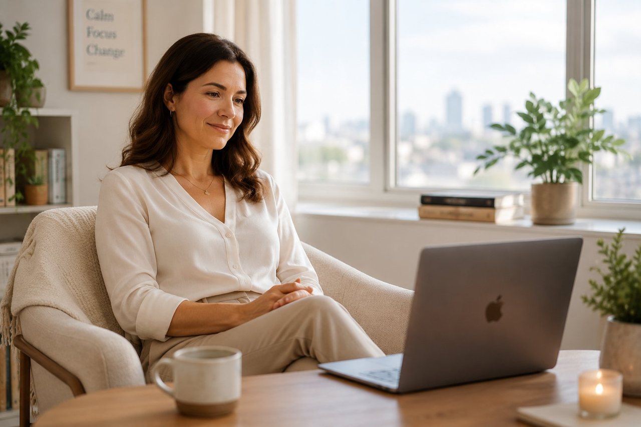A person in a calm home setting during an online video consultation
